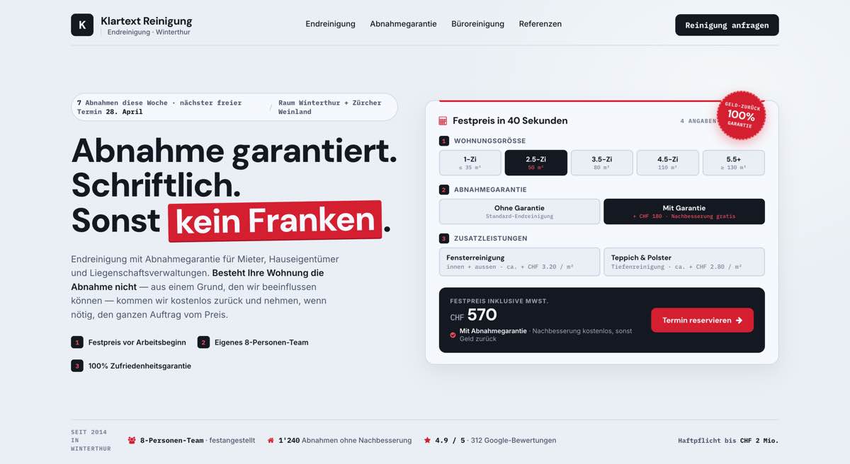 Reinigung, Beispielseite mit Live-Preisrechner