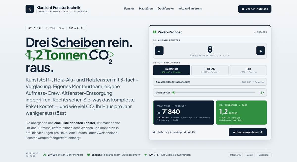 Fenstertechnik, Beispielseite mit Live-Preisrechner