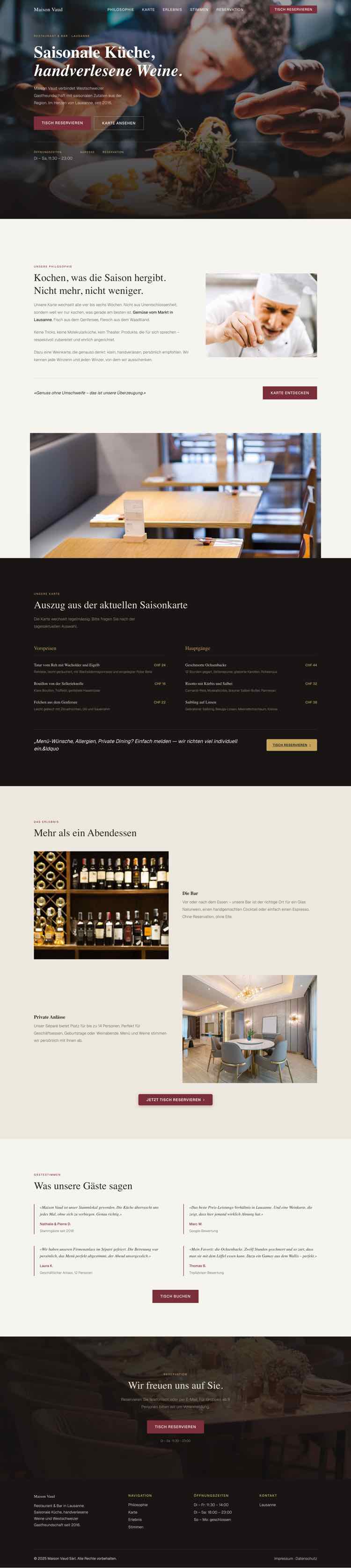 Restaurant-Auftritt mit Vollbild-Storytelling, Reservierungs-Anker und saisonaler Karte