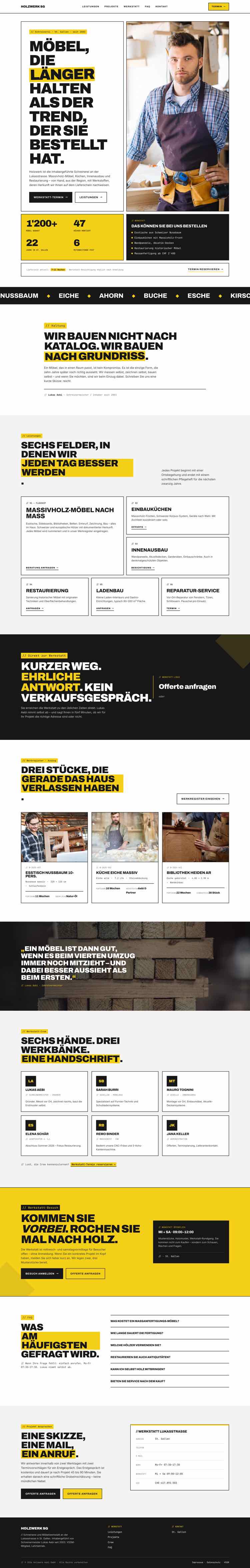 Schreinerei mit Bento-Hero und werkstatt-eigener Bildwelt statt Holzfaser-Stockfoto